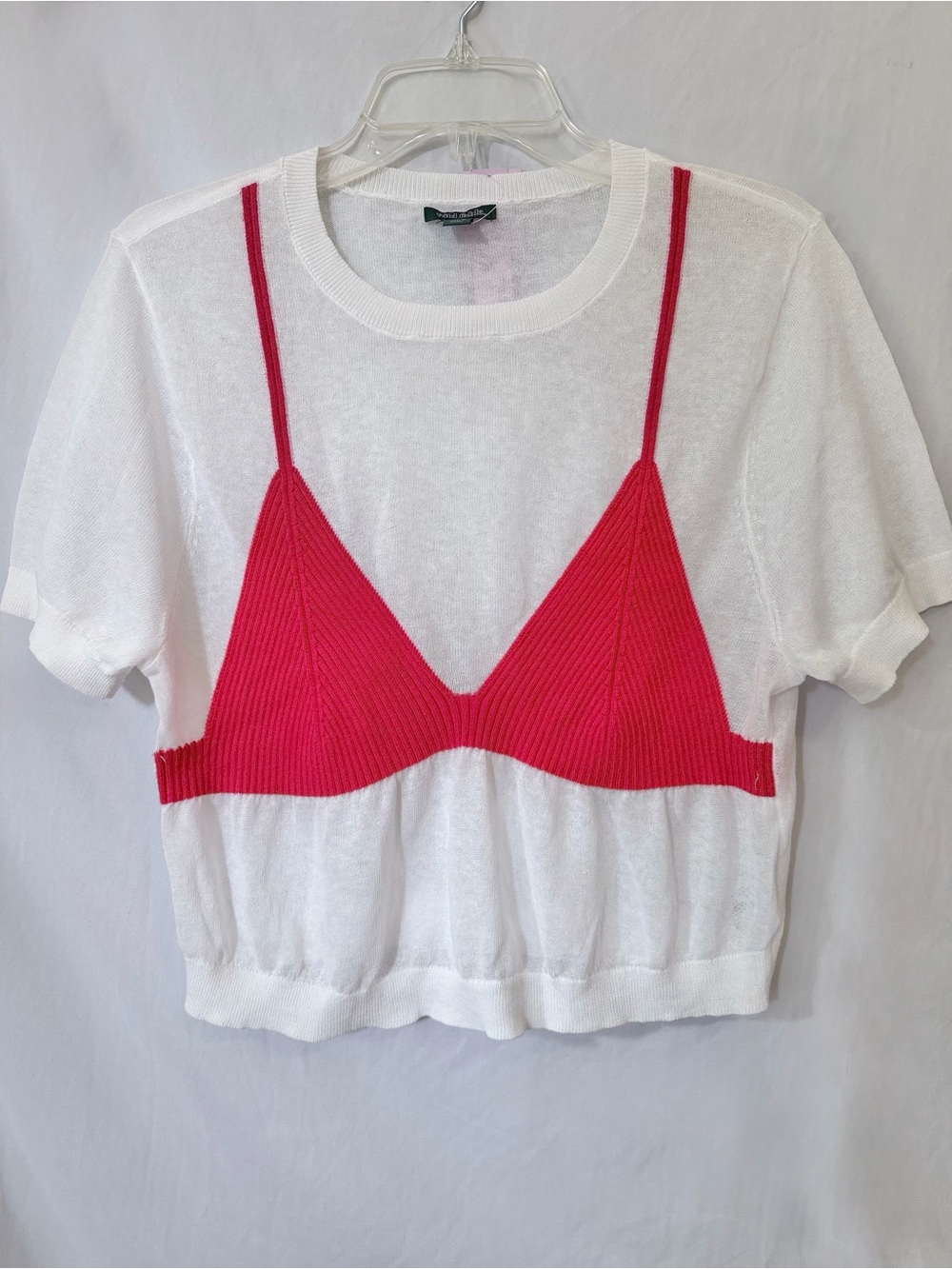 Bralette Illusion Knit Top White Red Cropped Sweater Womens L